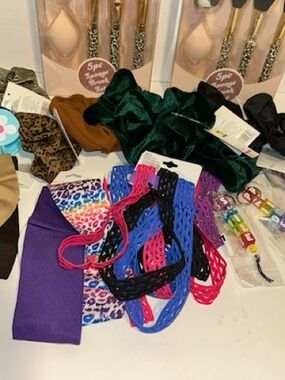Assorted Women’s Hair Accessories in Blue Pink Black Keychains Brushes